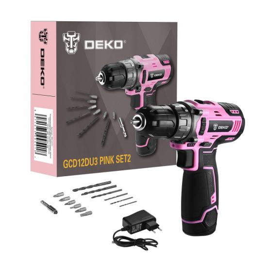 Аккумуляторная дрель-шуруповёрт DEKO GCD12DU3 PINK SET2 + оснастка 13 шт, 12В, 1х1.5Ач, з/у 063-4171